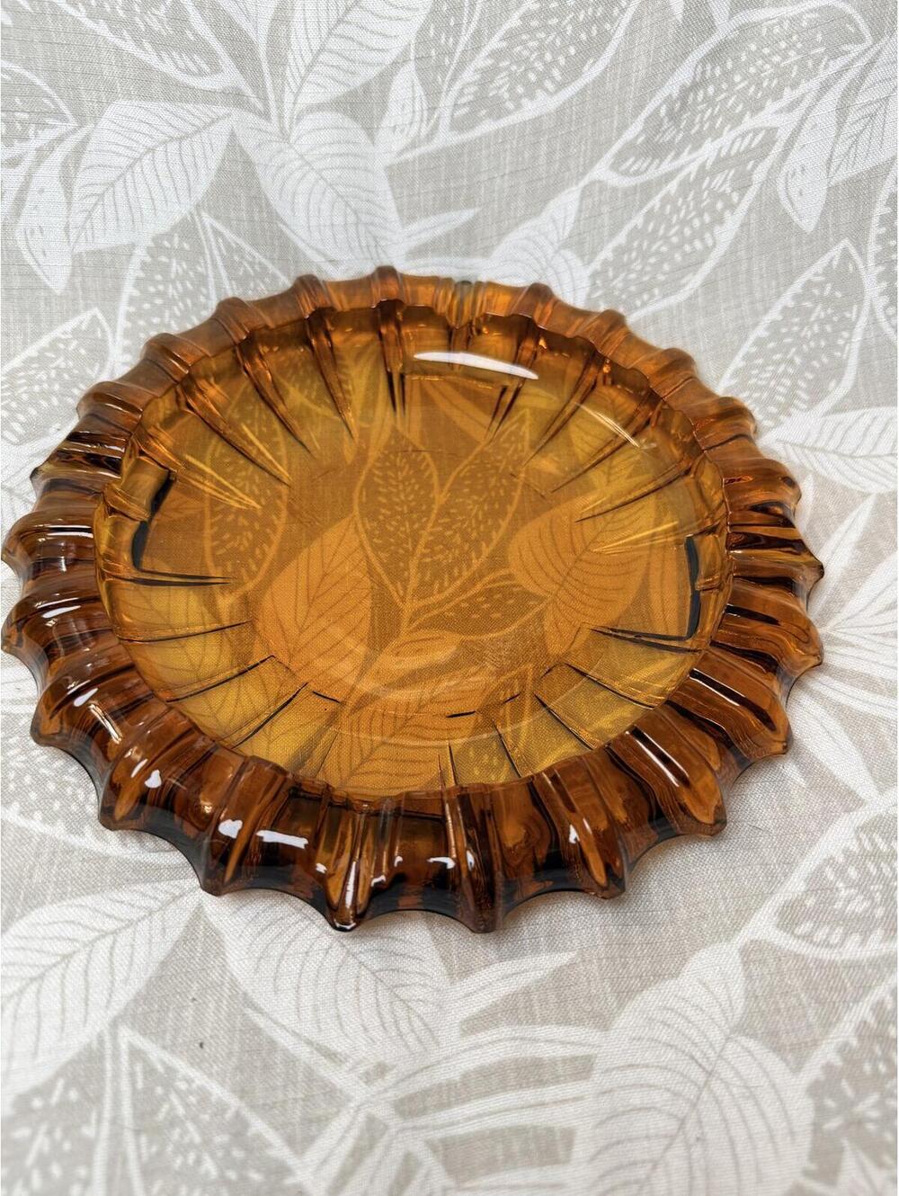 Vintage Amber Glass Ashtray with Scalloped Edge - Mid Century Modern Style